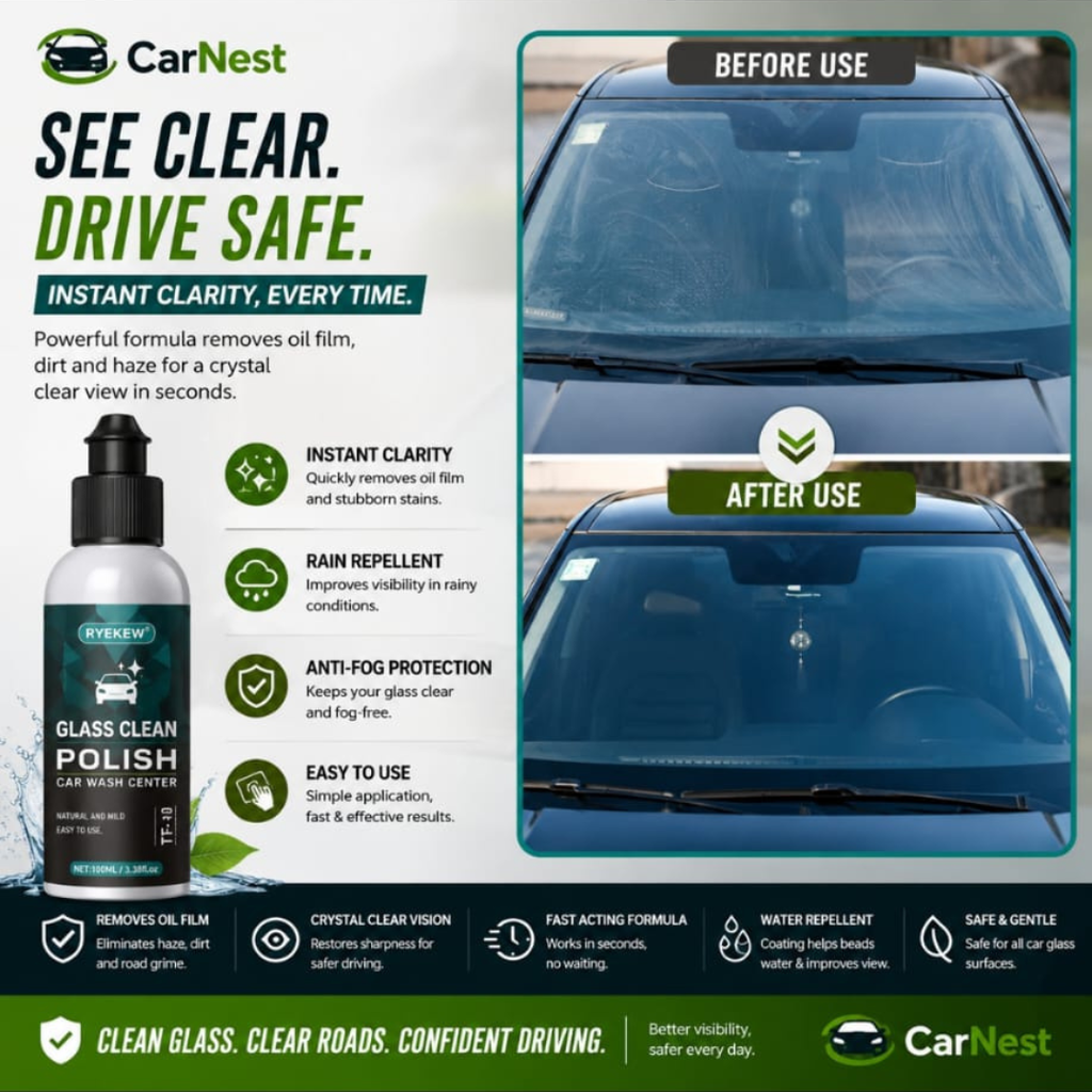Car Glass Oil Film Remover – Crystal Clear Vision & Rain Repellent Coating